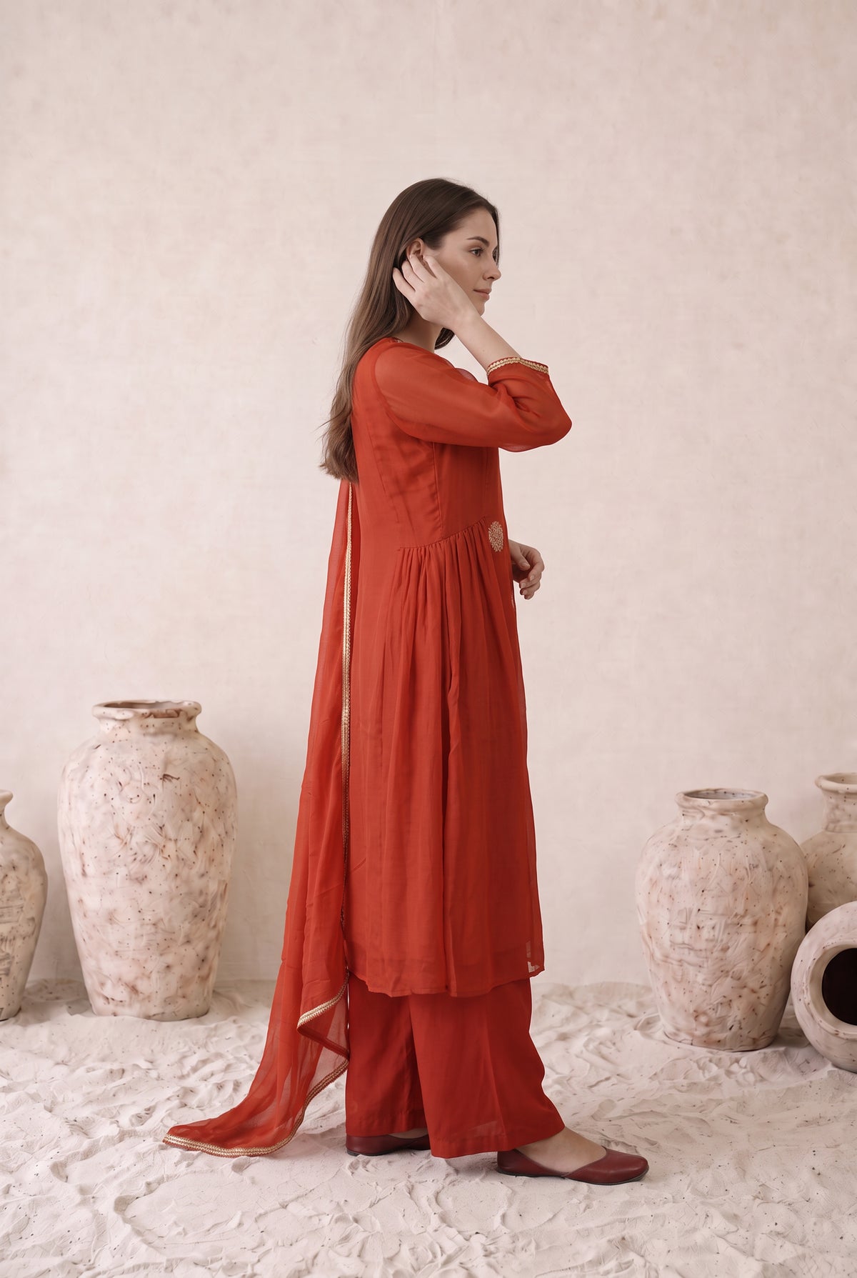 Rust Orange Floral Embroidered Mul Chanderi Kurta Set with Dupatta