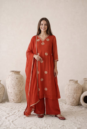 Rust Orange Floral Embroidered Mul Chanderi Kurta Set with Dupatta