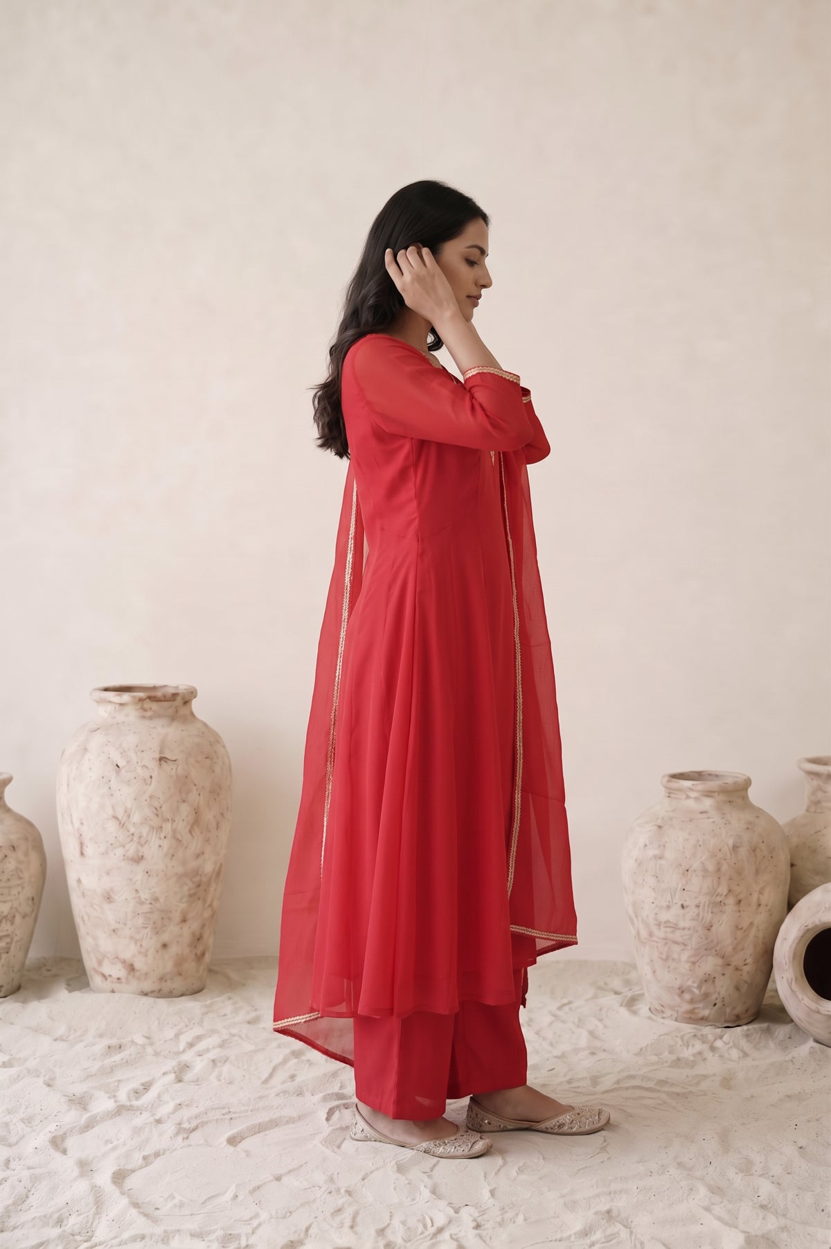 Red Embroidered V-Neck Mul Chanderi Kurta Set with Dupatta