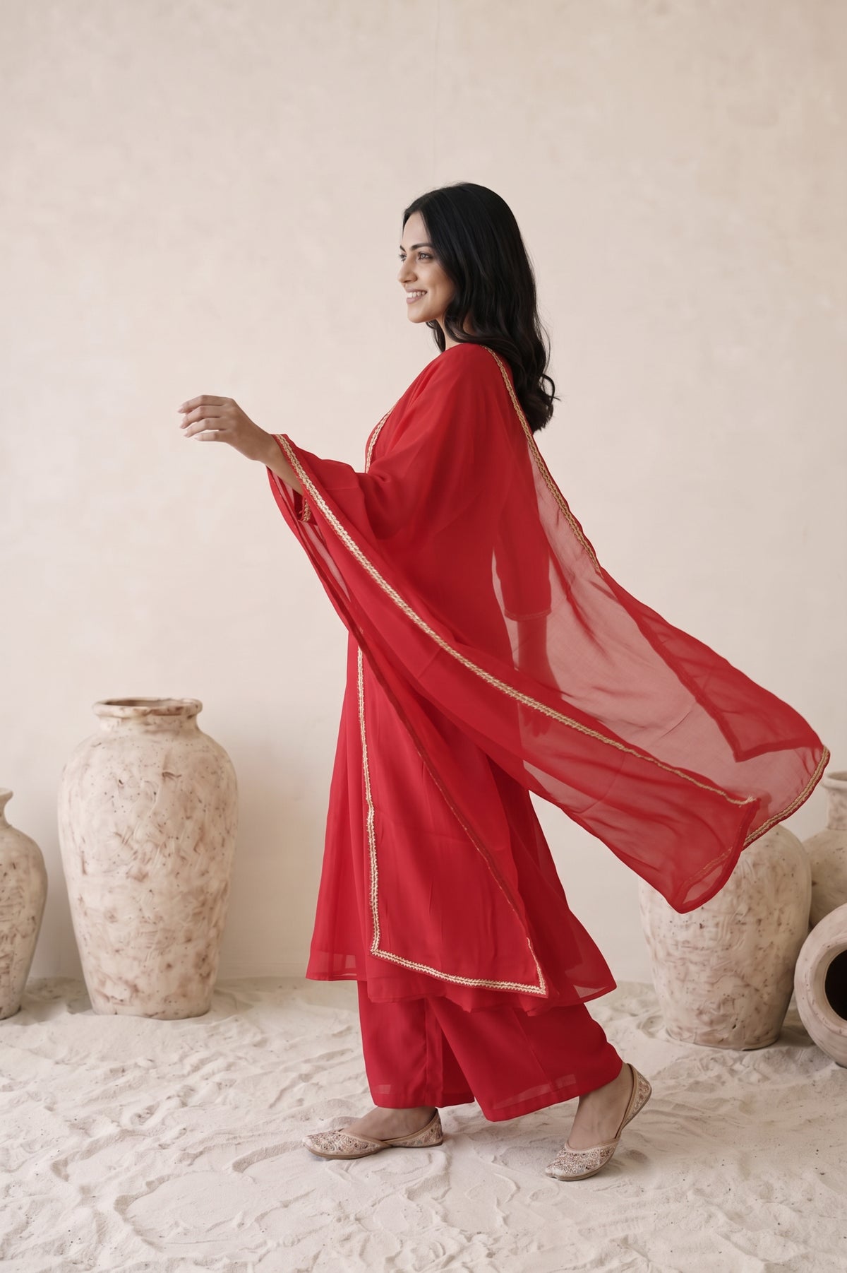 Red Embroidered V-Neck Mul Chanderi Kurta Set with Dupatta