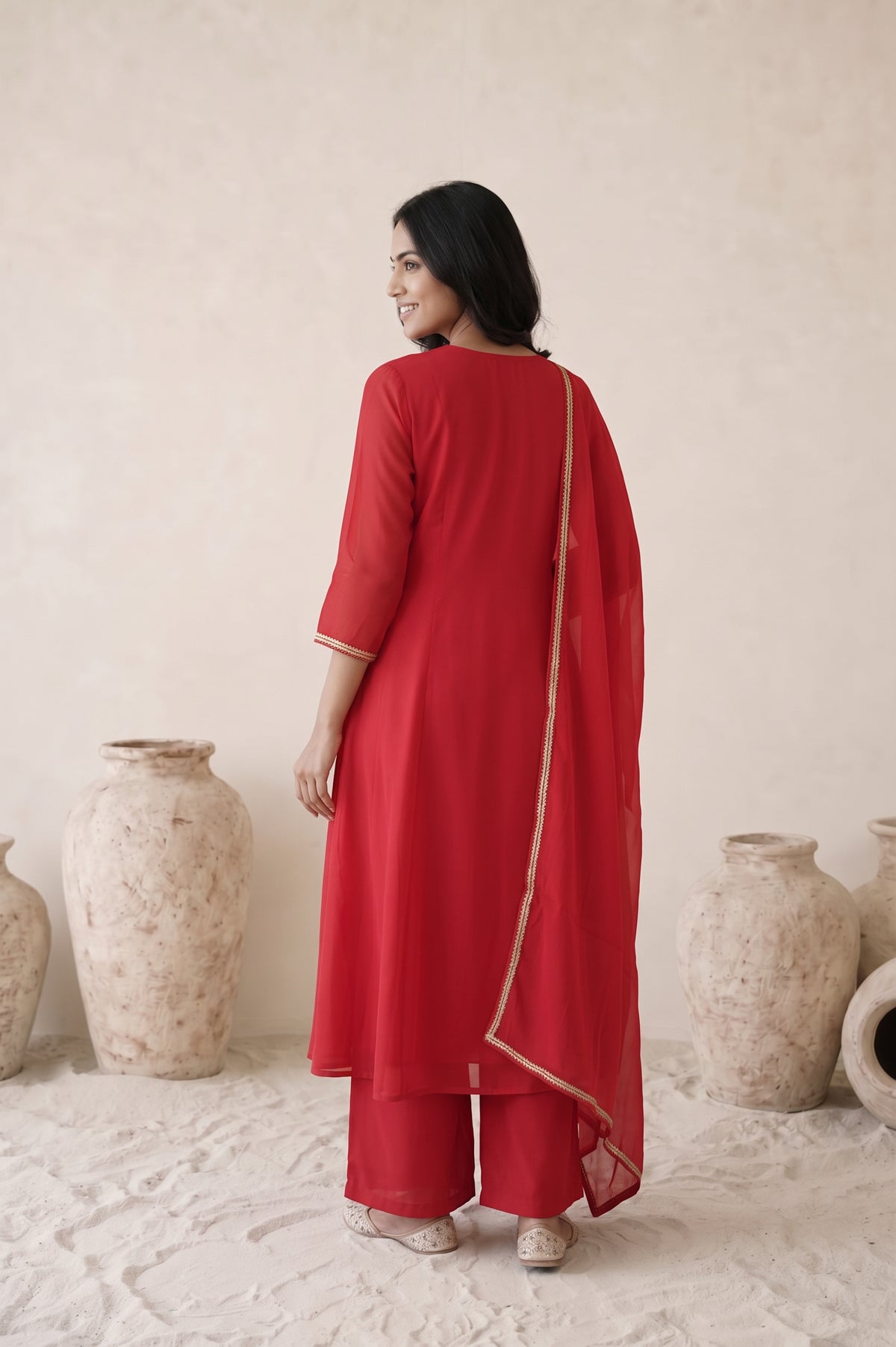 Red Embroidered V-Neck Mul Chanderi Kurta Set with Dupatta