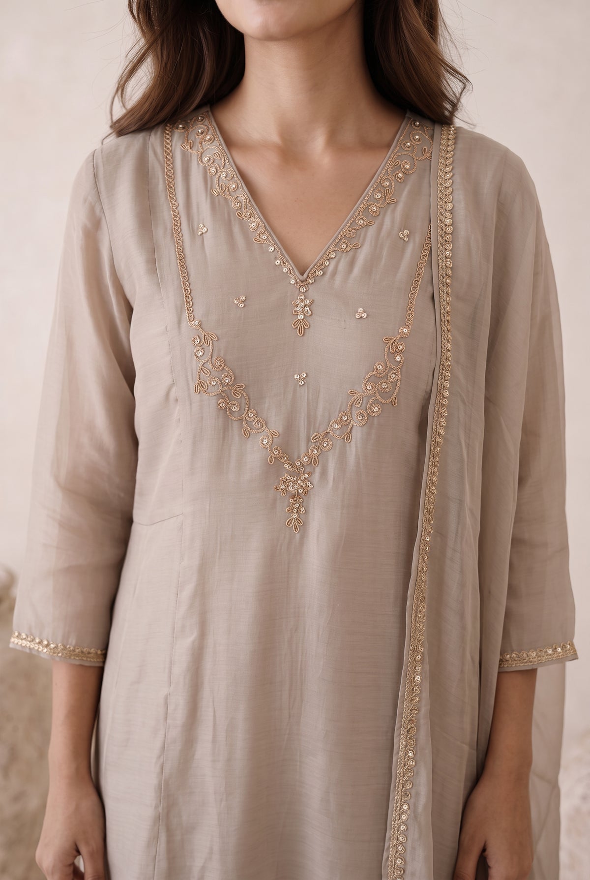 Taupe Beige Embroidered Mul Chanderi Kurta Set with Dupatta