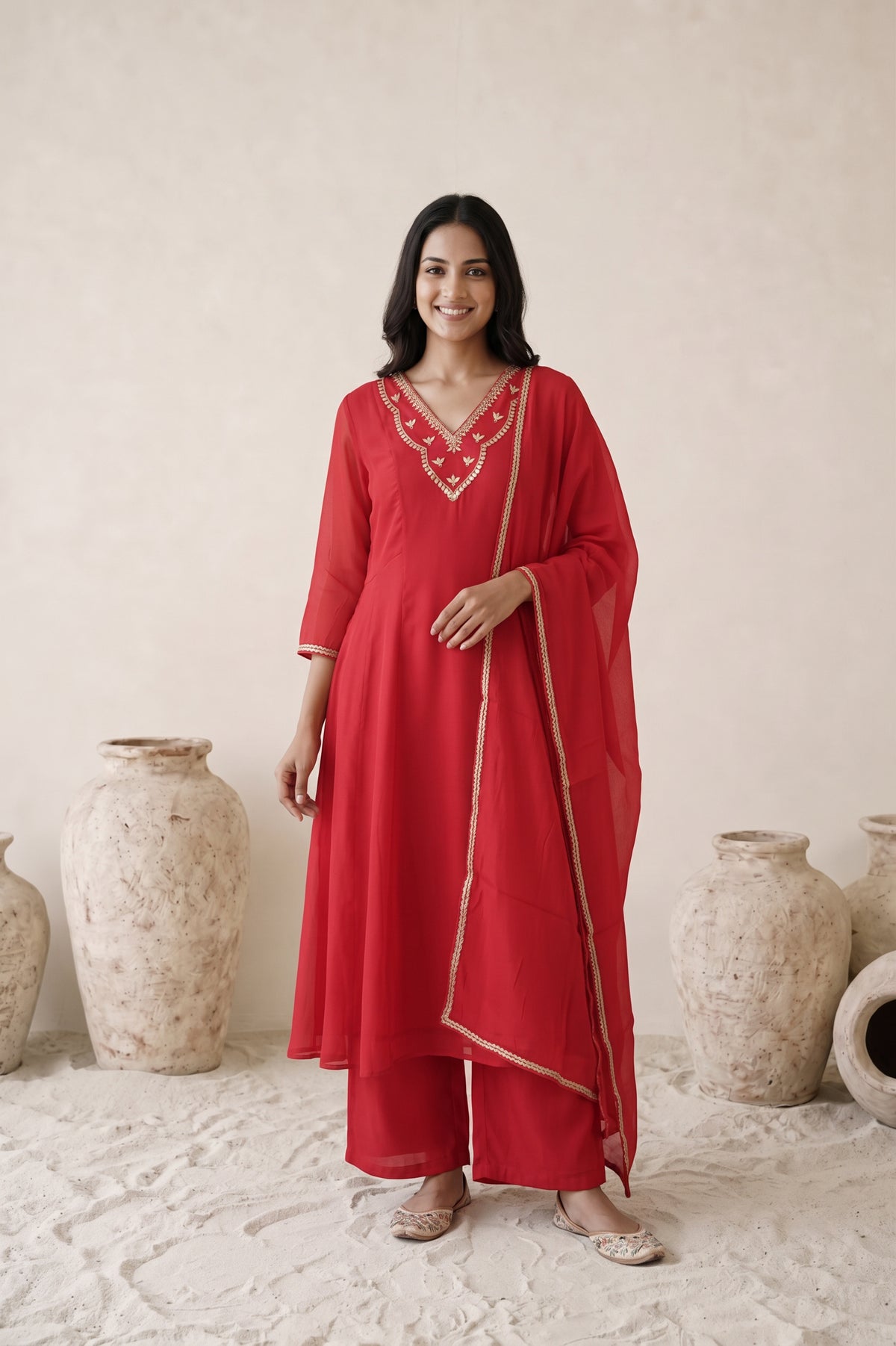 Red Embroidered V-Neck Mul Chanderi Kurta Set with Dupatta