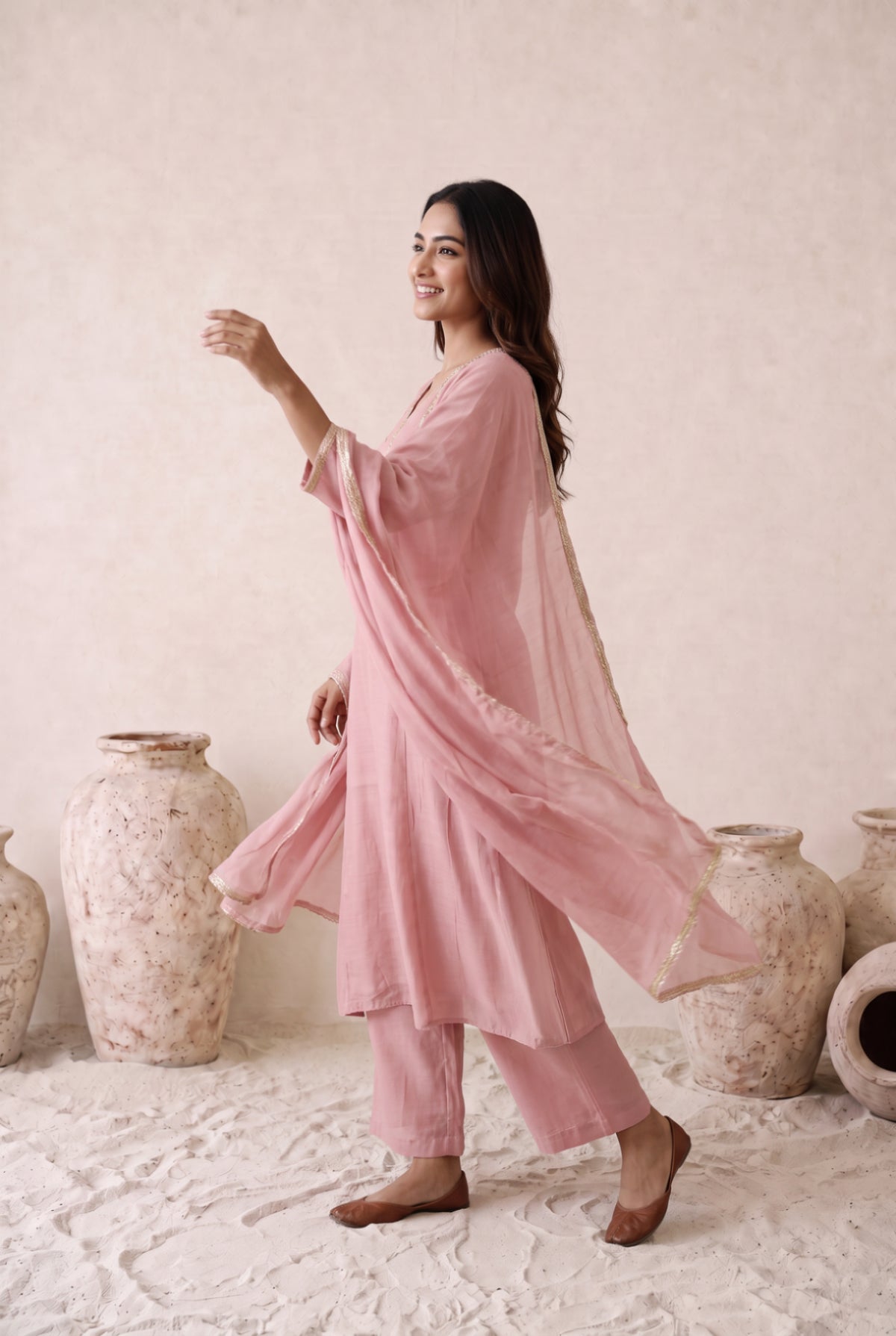 Blush Pink Embroidered Mul Chanderi Kurta Set with Dupatta