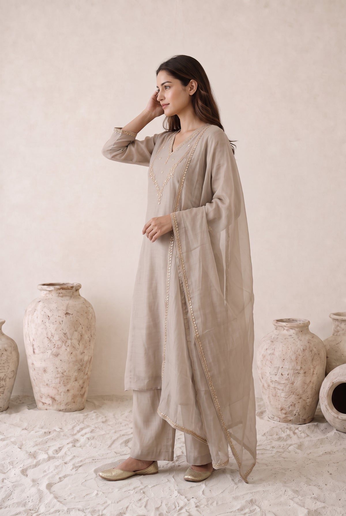 Taupe Beige Embroidered Mul Chanderi Kurta Set with Dupatta