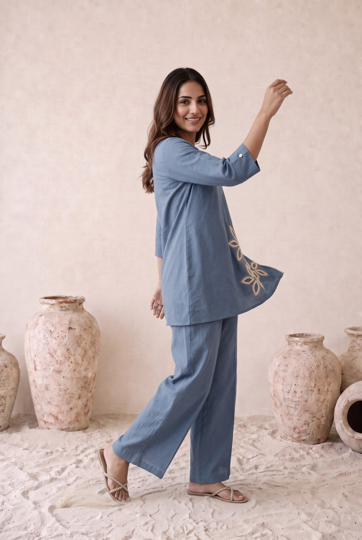 Dusty Blue Bloom Embroidered Cotton Flex Co-Ord Set
