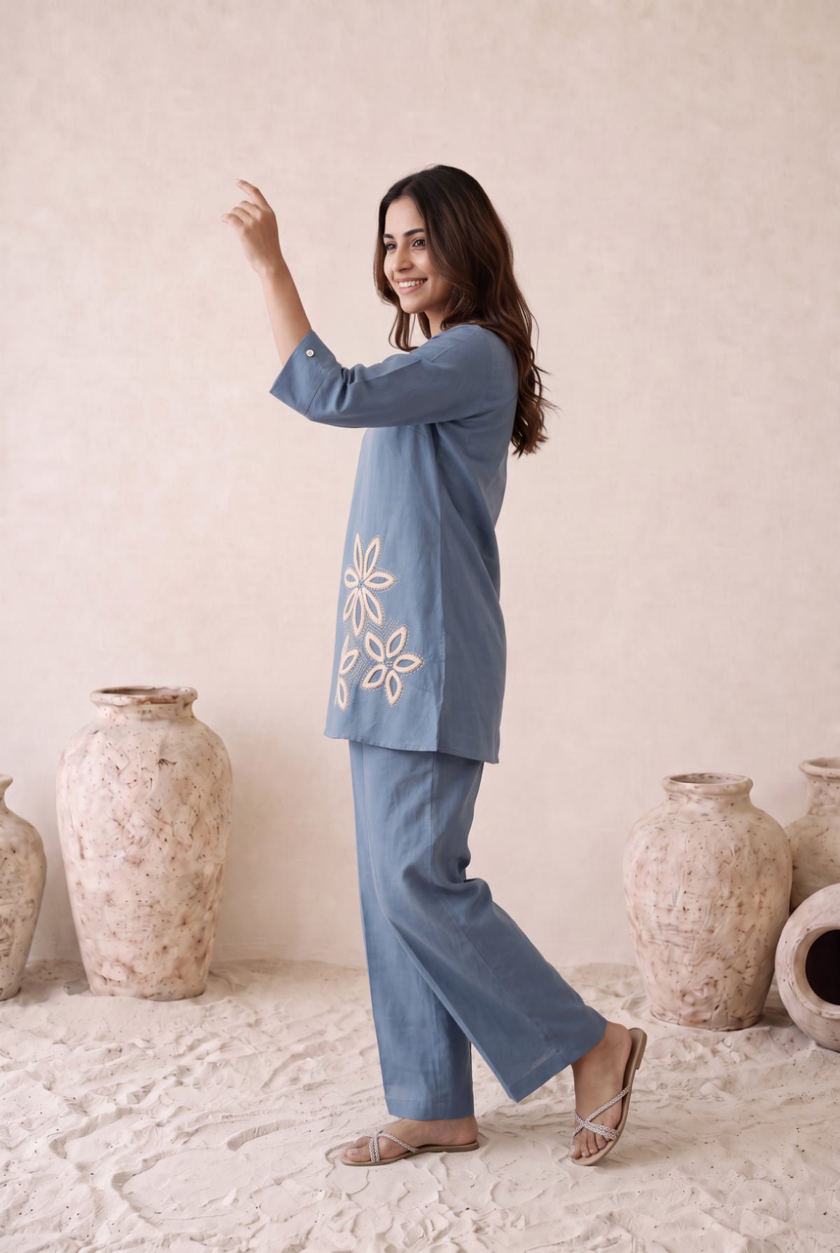 Dusty Blue Bloom Embroidered Cotton Flex Co-Ord Set