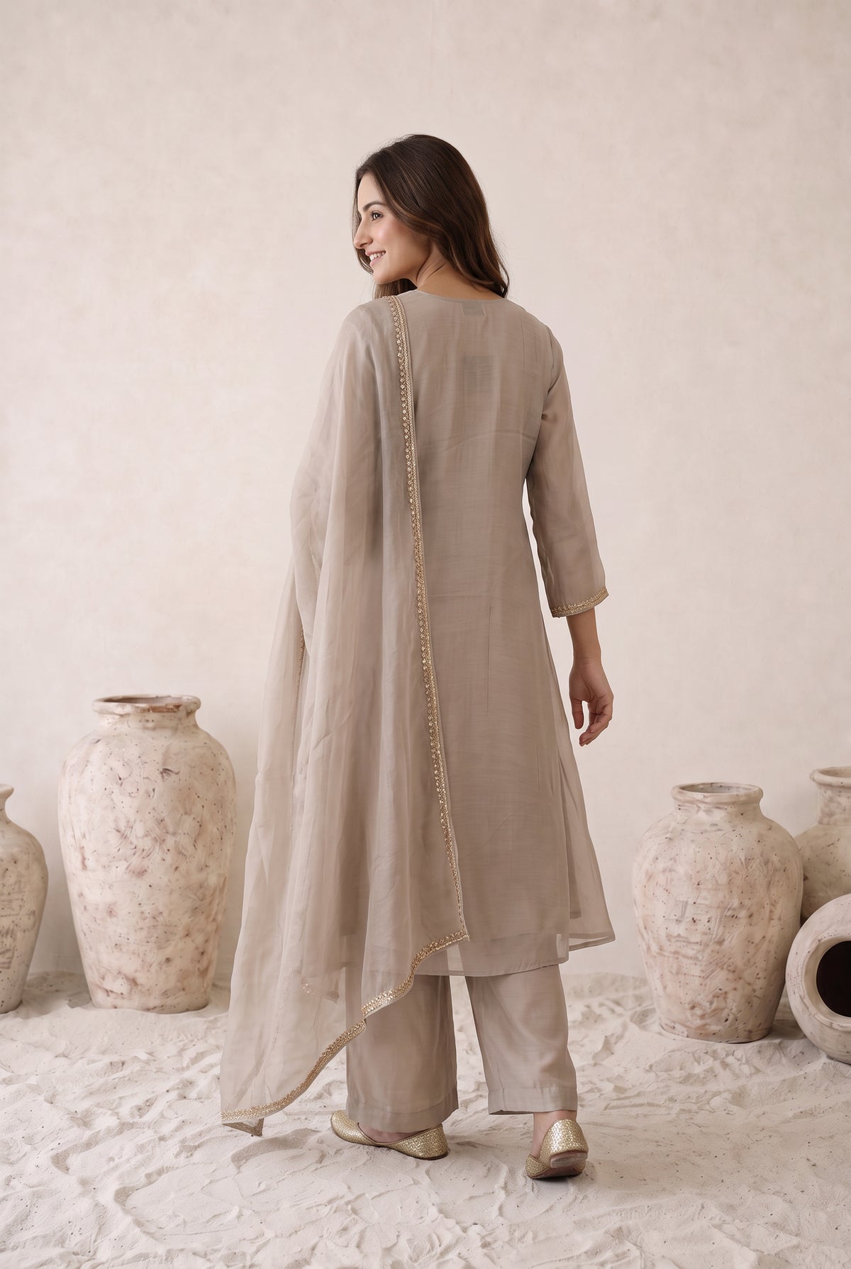 Taupe Beige Embroidered Mul Chanderi Kurta Set with Dupatta