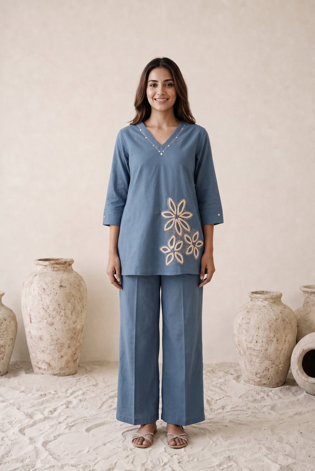 Dusty Blue Bloom Embroidered Cotton Flex Co-Ord Set