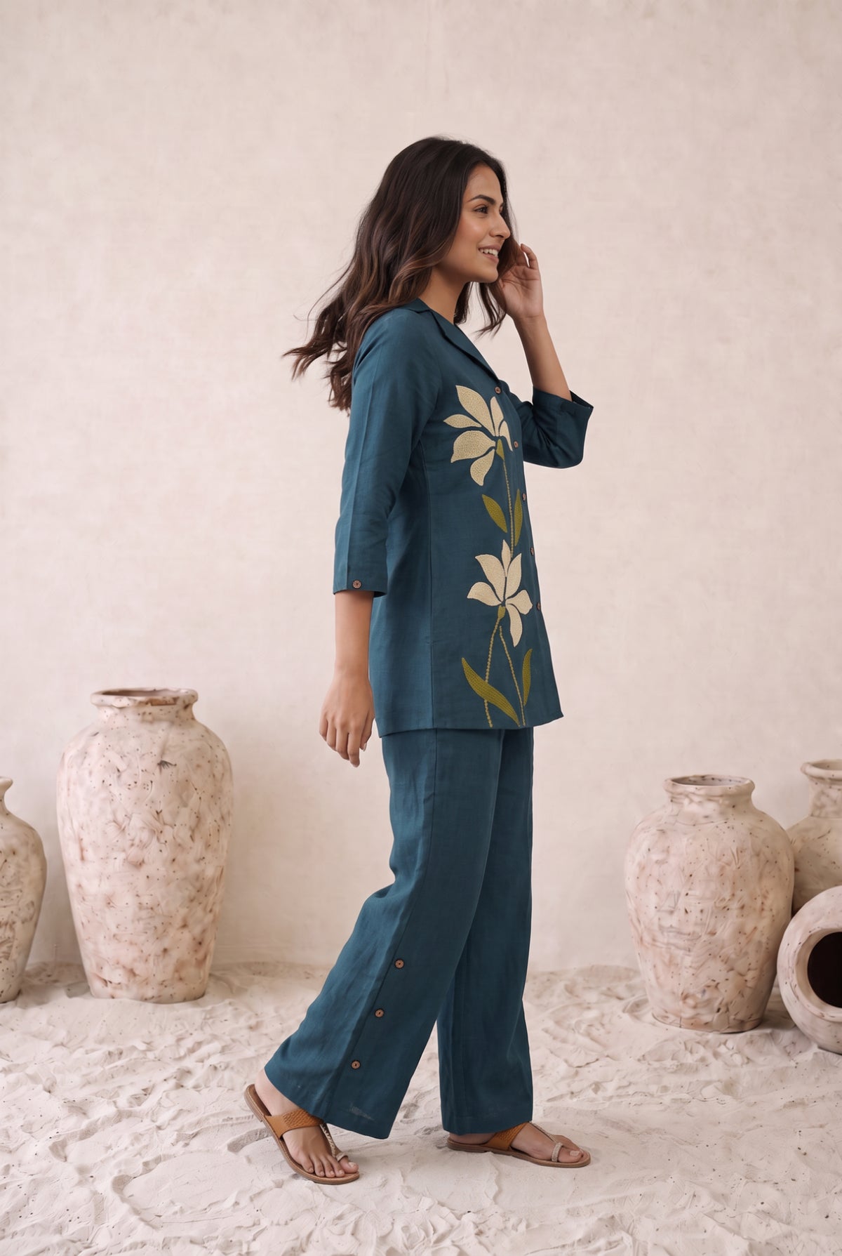 Teal Blue Botanical Floral Cotton Flex Co-Ord Set
