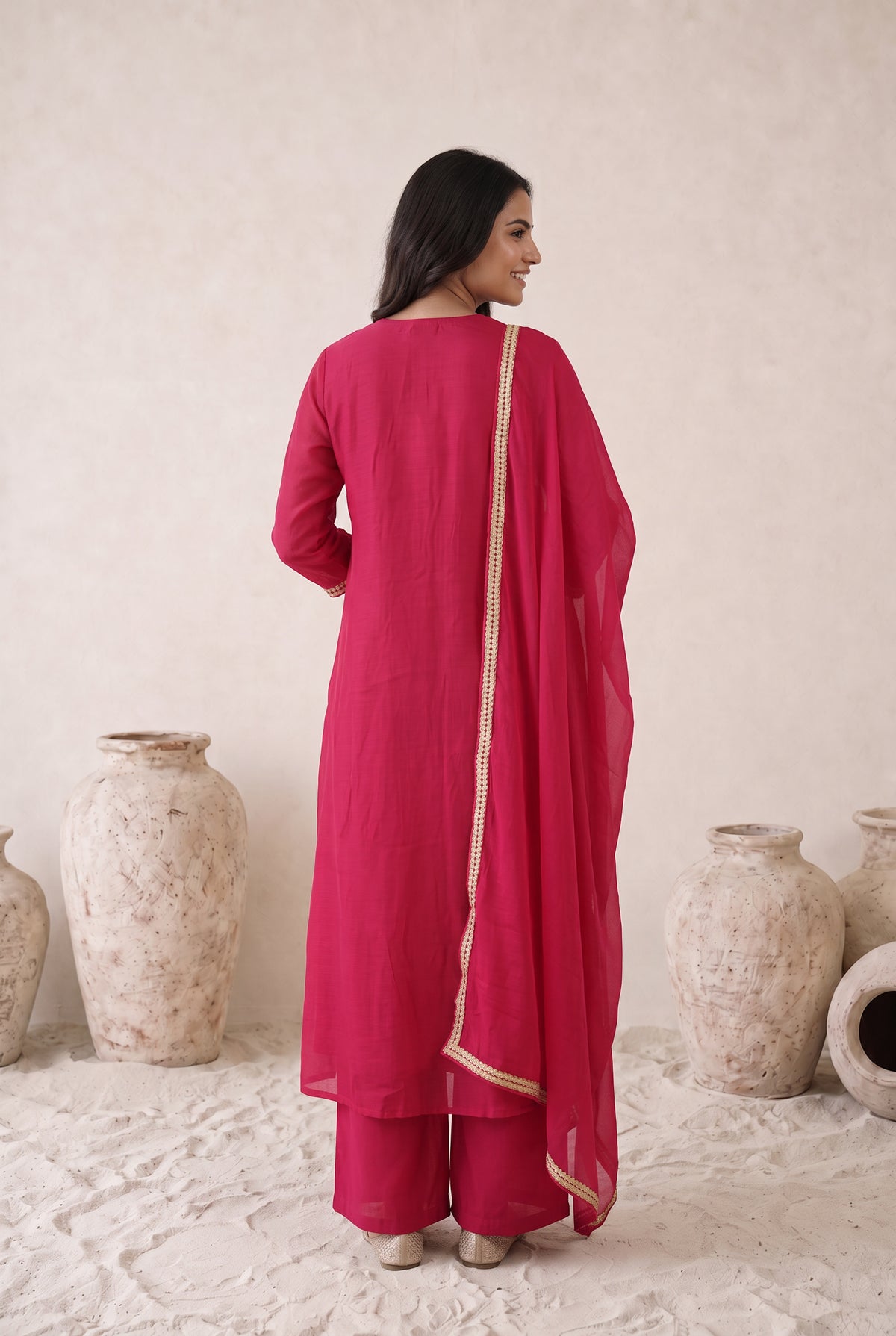 Fuchsia Pink Floral Embroidered Mul Chanderi Kurta Set with Dupatta