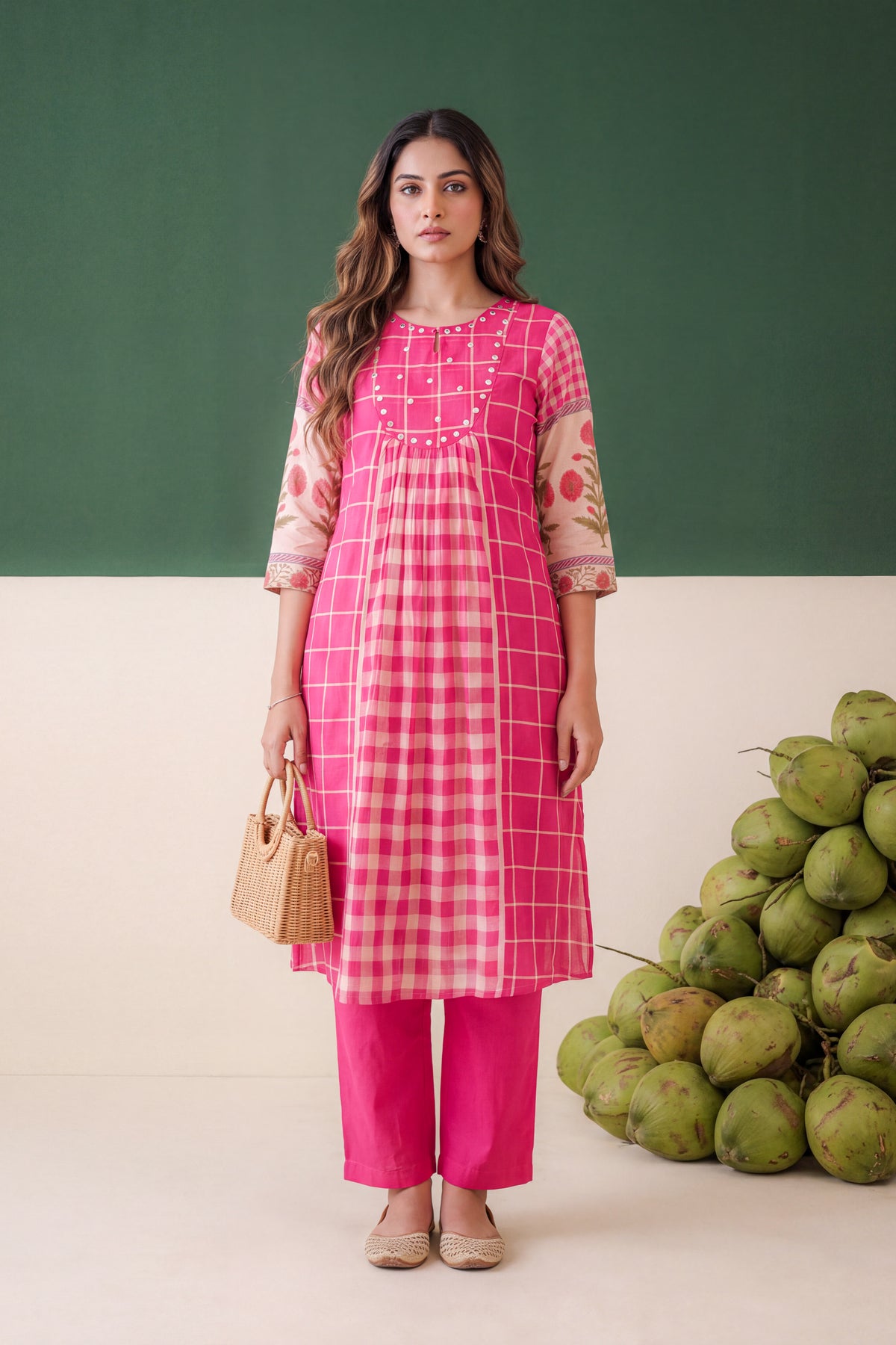 Fuchsia Pink Mul Cotton Printed Sleeve Co-ord Set