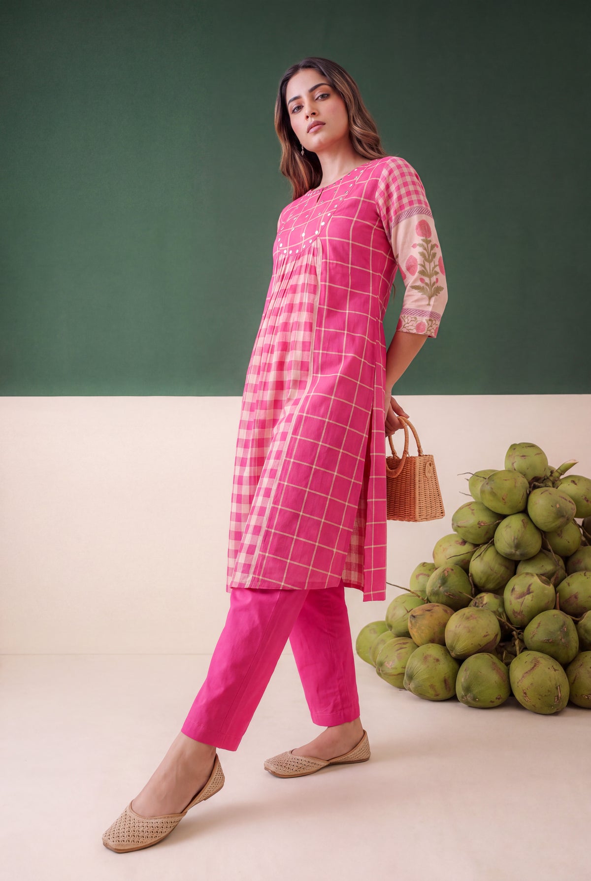 Fuchsia Pink Mul Cotton Printed Sleeve Co-ord Set