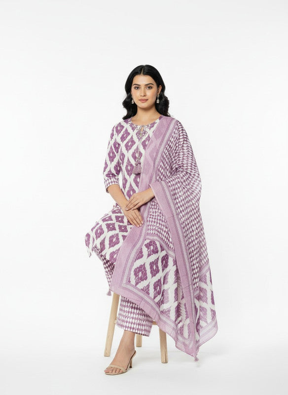 Lavender & White Ikat Printed Straight Kurta Set with Dupatta