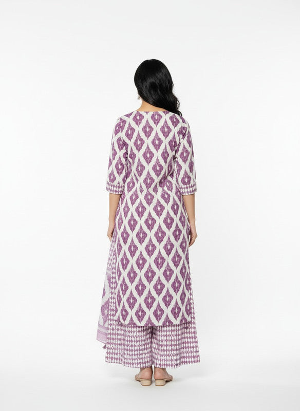 Lavender & White Ikat Printed Straight Kurta Set with Dupatta
