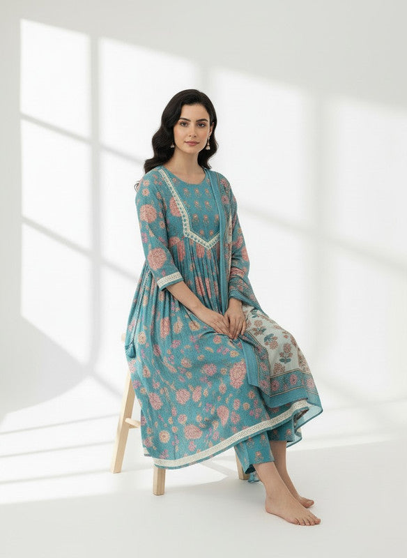 Elegant Teal Floral Anarkali Kurta Pant Set with Dupatta
