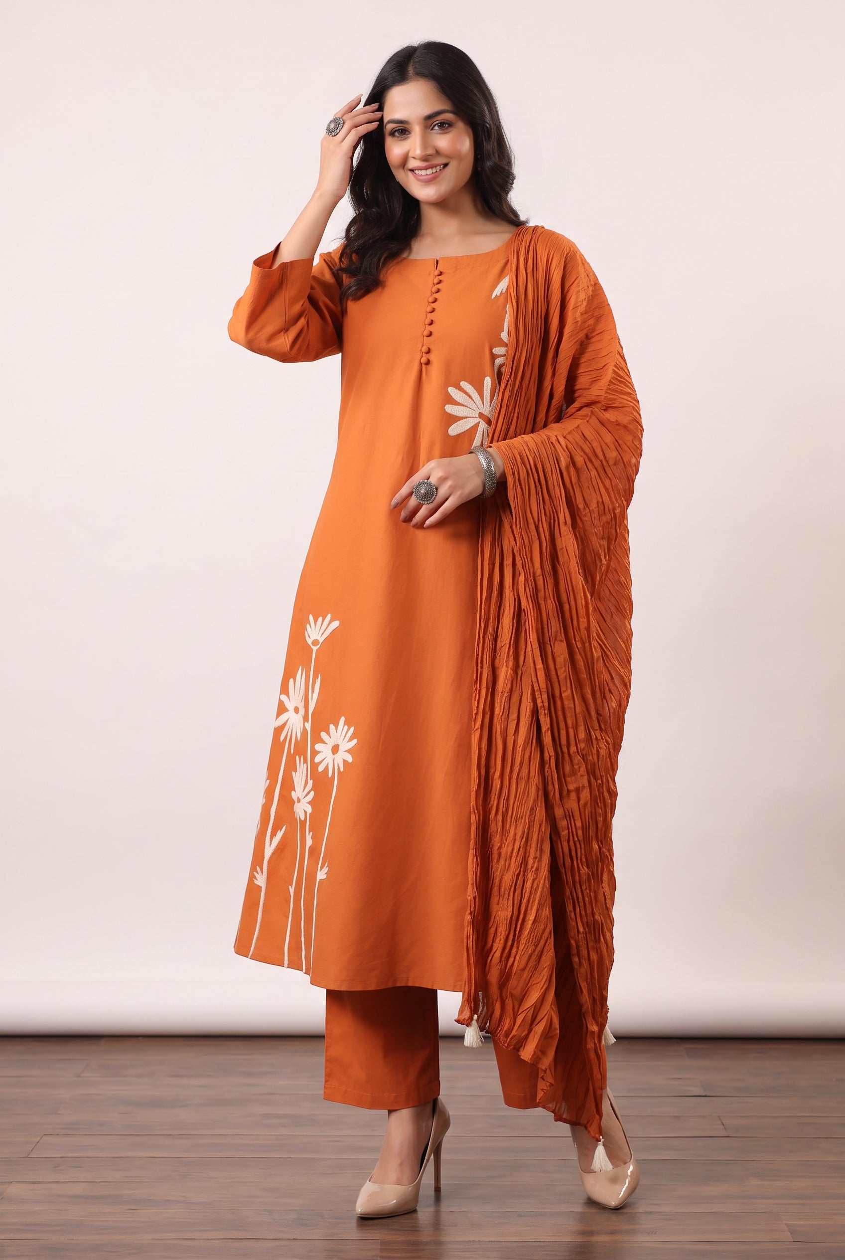 Rust Floral Embroidered Cotton Handwork Kurta Pant with Dupatta
