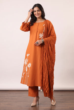 Rust Floral Embroidered Cotton Handwork Kurta Pant with Dupatta