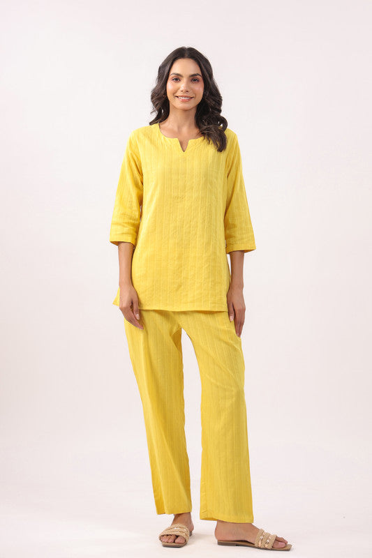 Sun-Kissed Yellow Cotton Dobby Loungewear Top Set