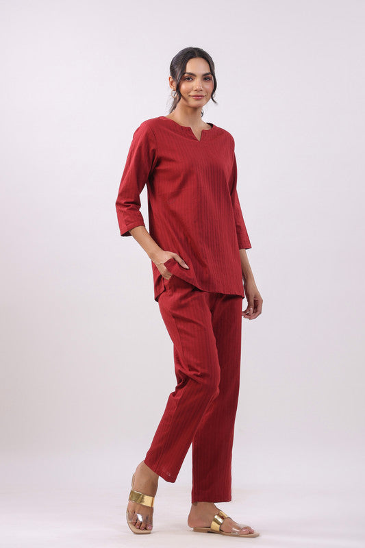 Maroon Mirage Cotton Dobby Loungewear Top Set