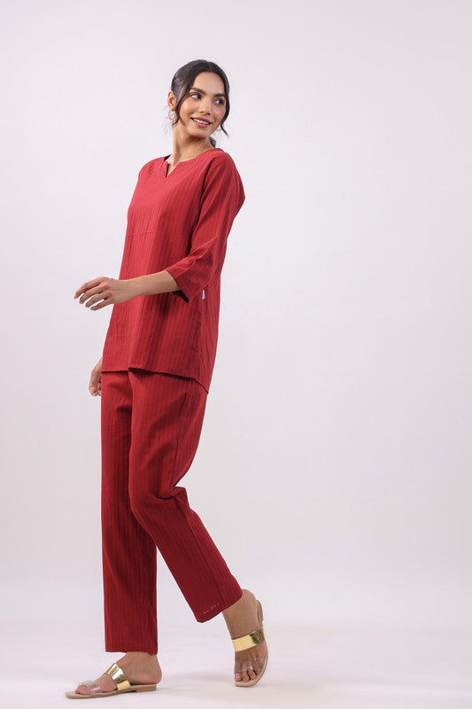 Maroon Mirage Cotton Dobby Loungewear Top Set