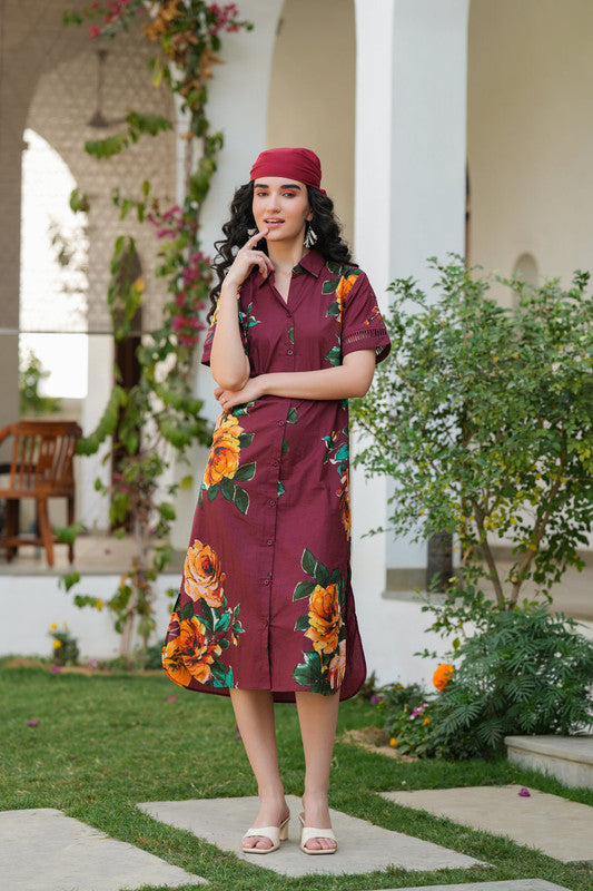 Maroon Meadow Shirt Cotton Dress