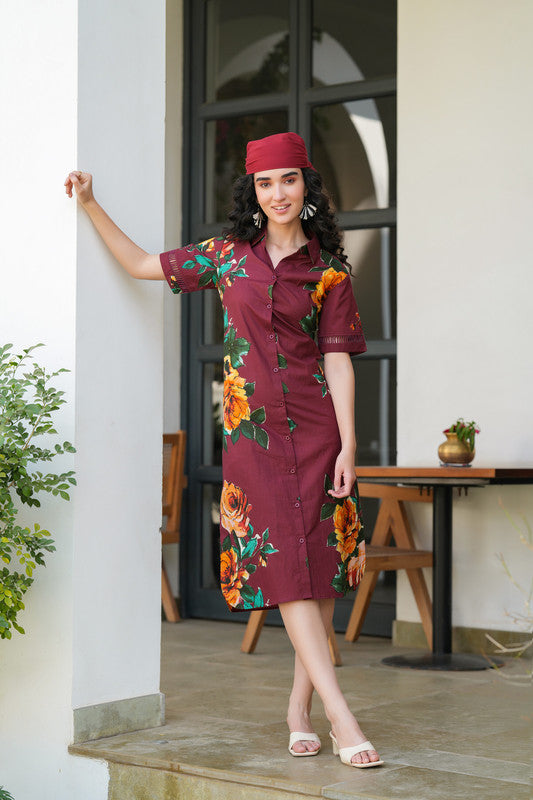 Maroon Meadow Shirt Cotton Dress