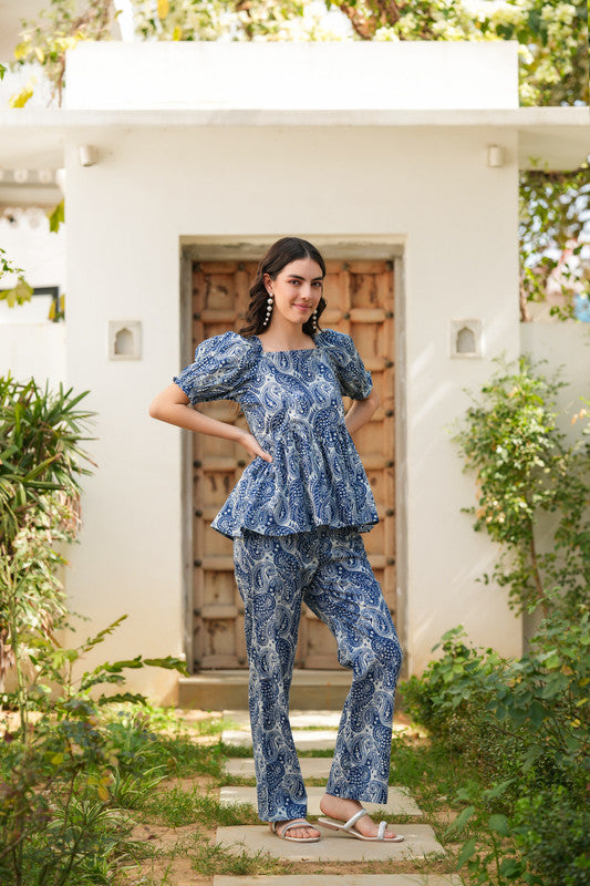 Midnight Blue Paisley Peplum Cotton Co-ord Set