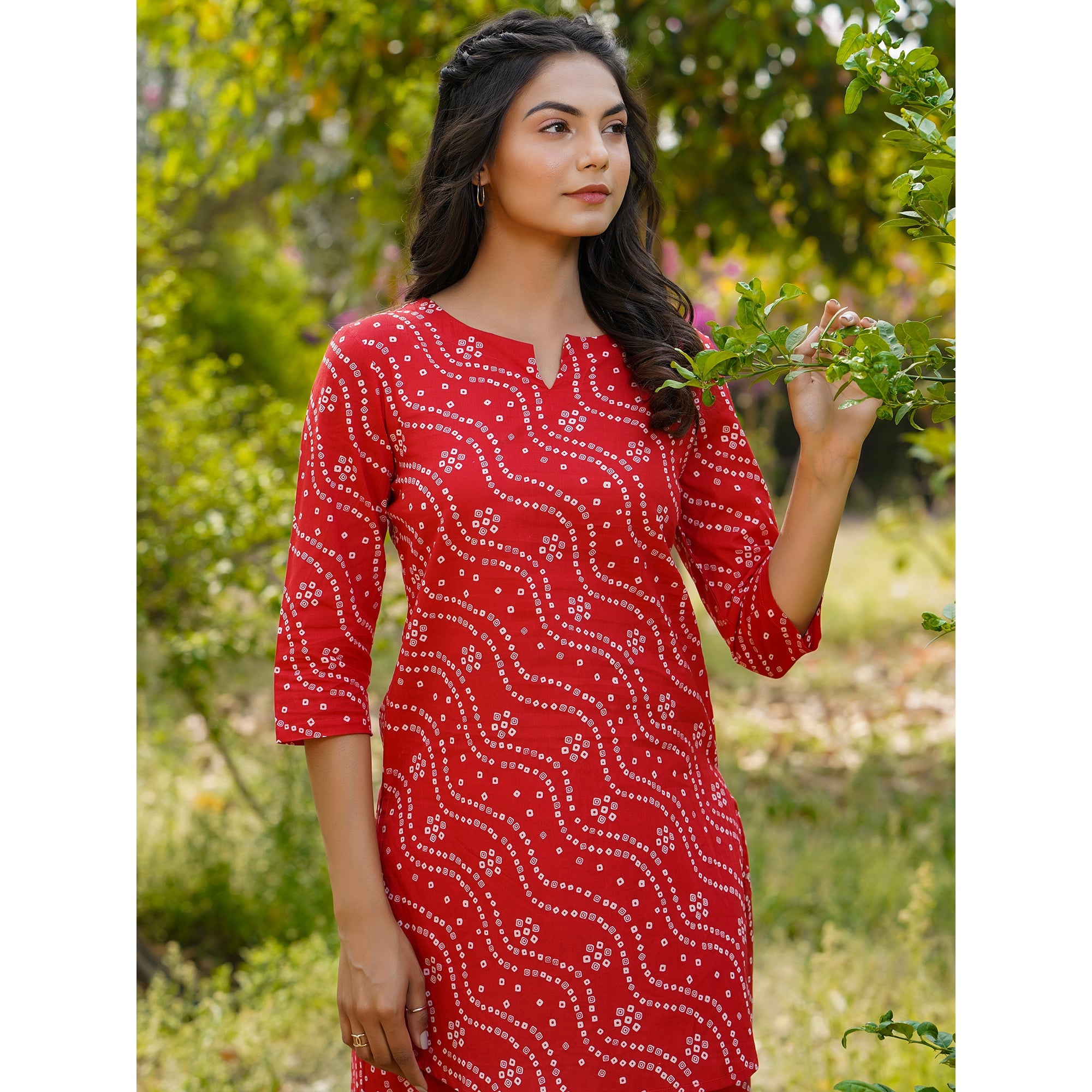 Patterned Bandhej on Red Loungewear Top Set