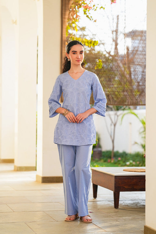 Powder Blue Whisper Embroidered Cotton Co-ord Set