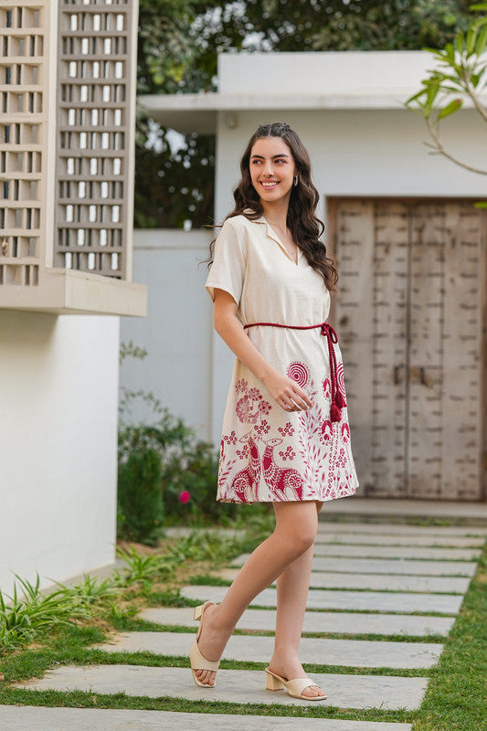 Ivory Blossom Belted Cotton Flex Dress