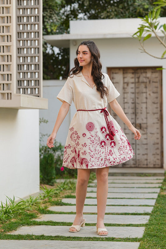 Ivory Blossom Belted Cotton Flex Dress