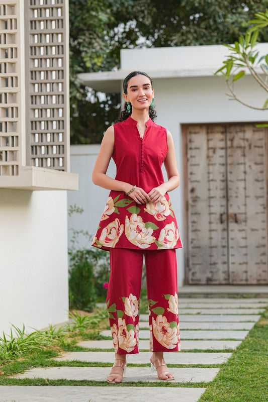 Crimson Blossom Cotton Co-ord Set