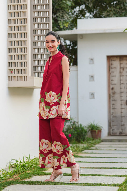 Crimson Blossom Cotton Flex Co-ord Set