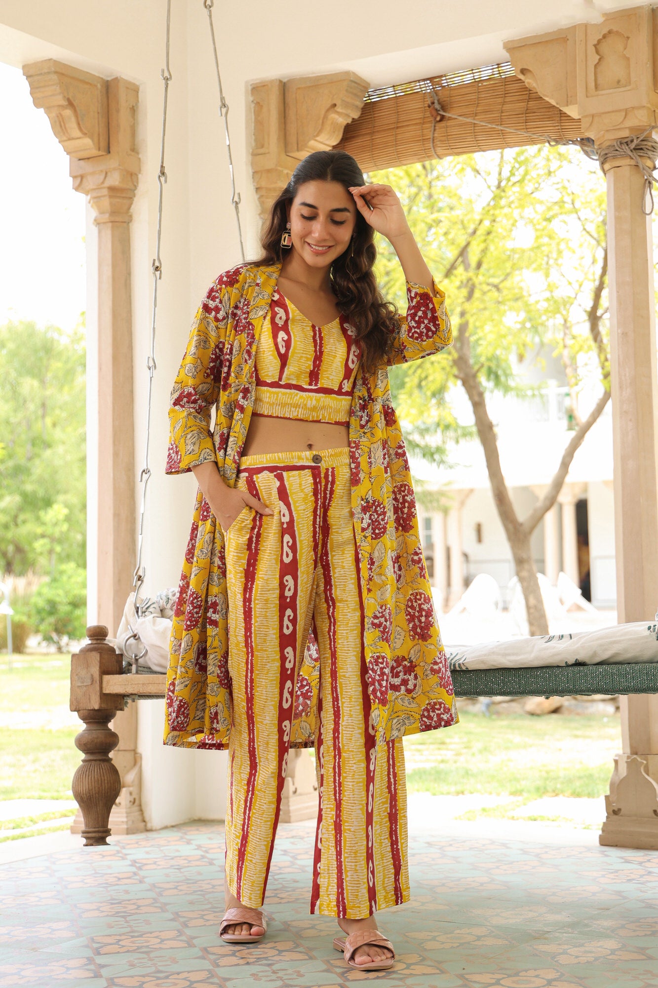 Sunburst Serenity Red And Yellow Three Piece Cotton Co-ord Set