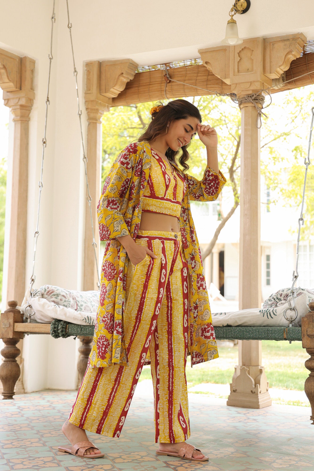 Sunburst Serenity Red And Yellow Three Piece Cotton Co-ord Set