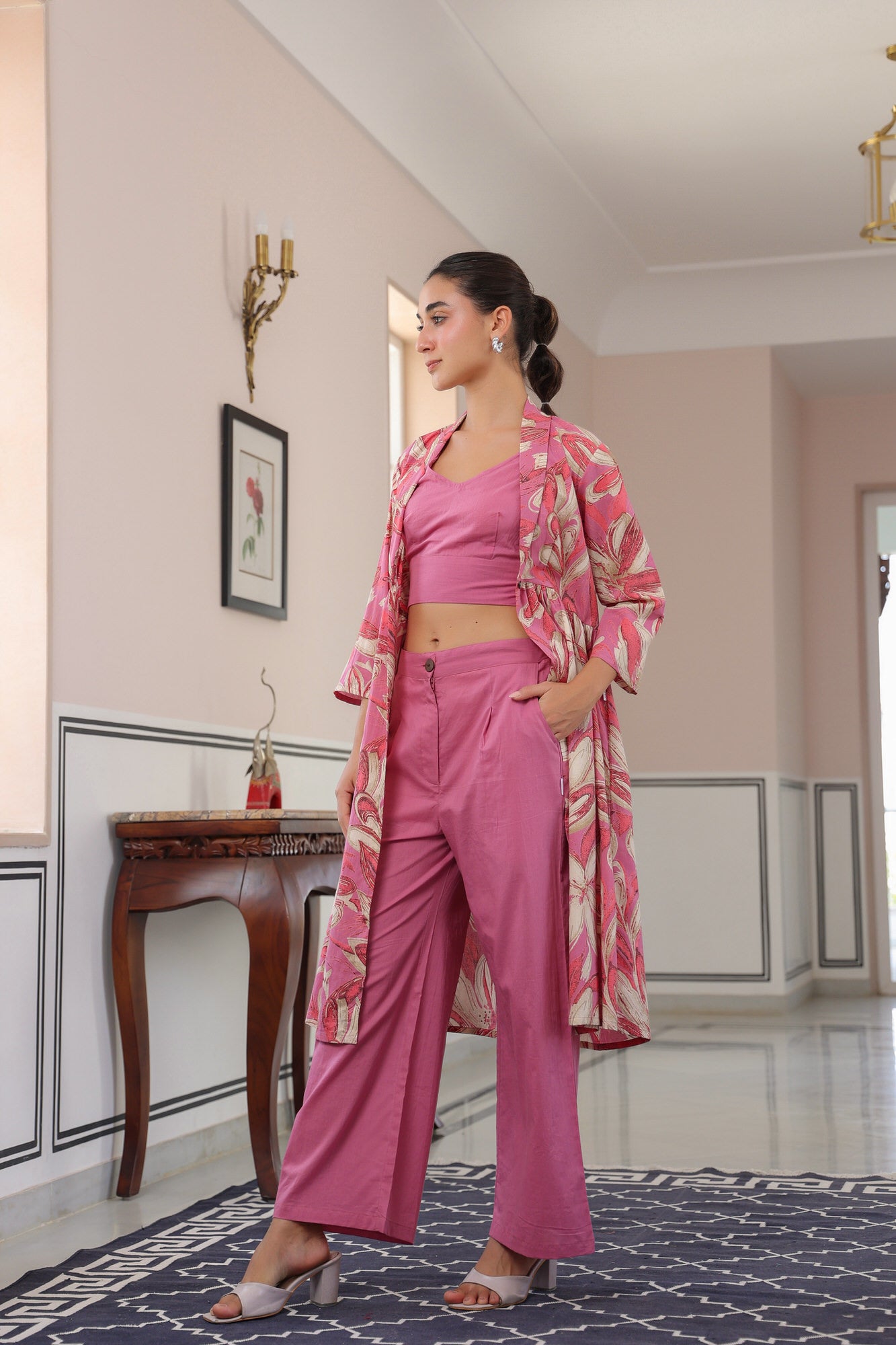 Floral Charm Pink Cotton Three Piece Co-ord Set