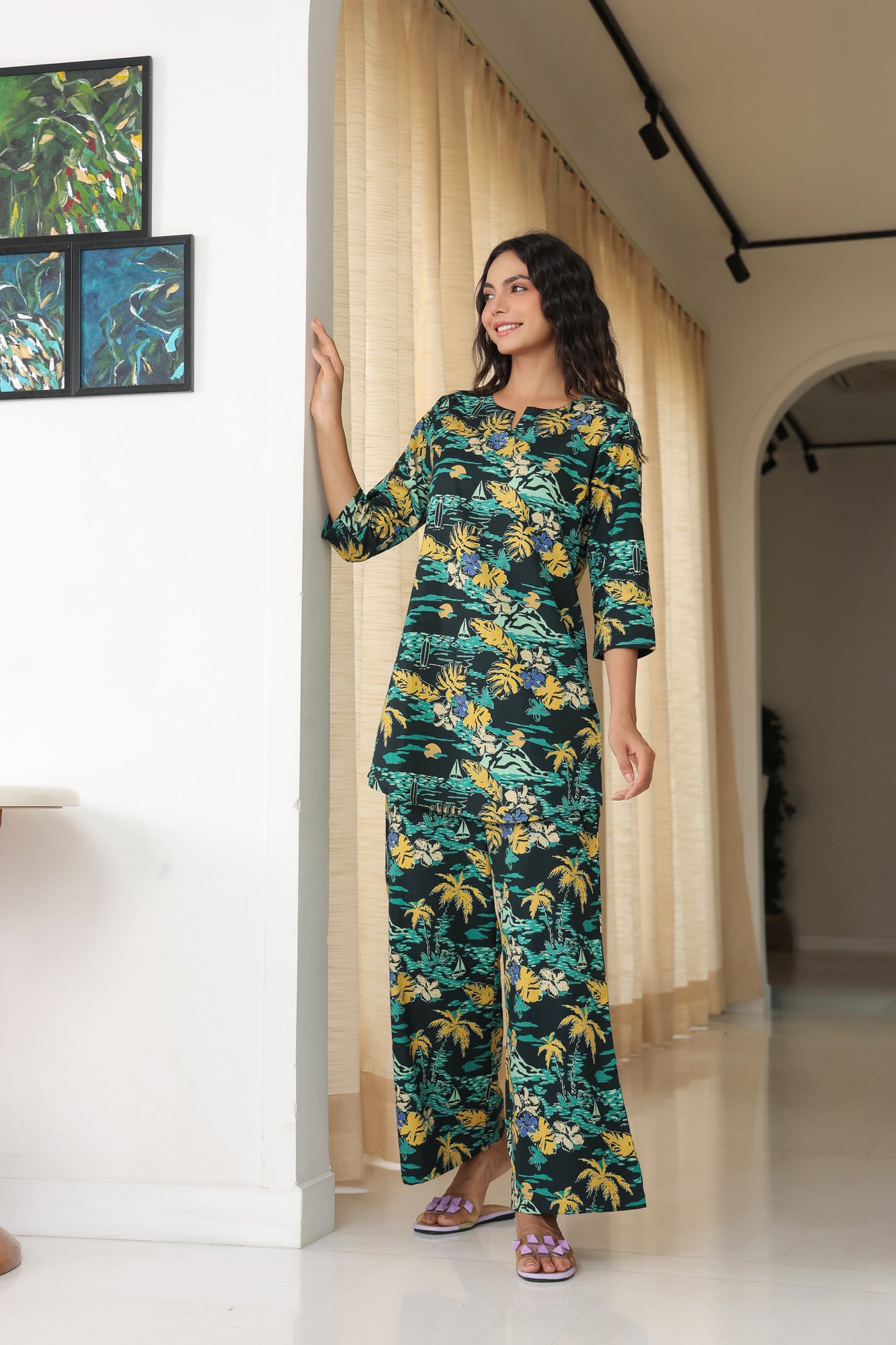 Pecan Pie Black Cotton Flex Palazzo Loungewear Set