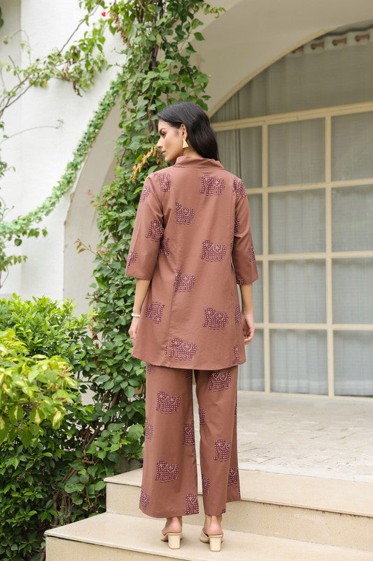 Brown Elephant Motif Printed Cotton Co-ord Set