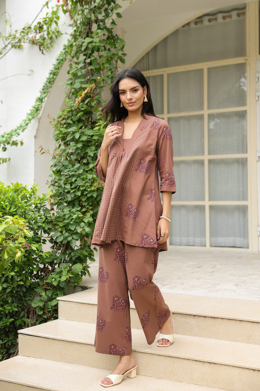 Brown Elephant Motif Printed Cotton Co-ord Set