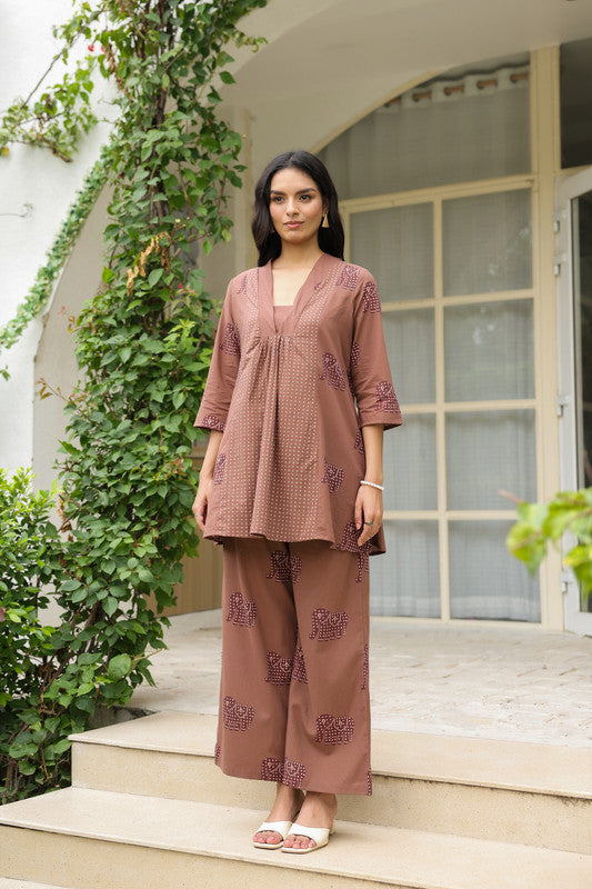 Brown Elephant Motif Printed Cotton Co-ord Set