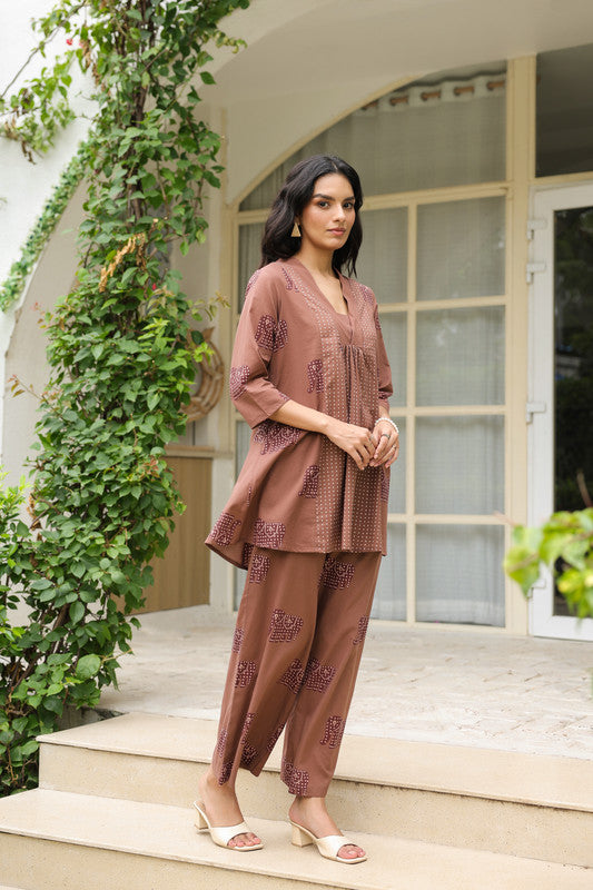Brown Elephant Motif Printed Cotton Co-ord Set