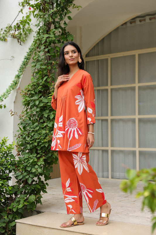 Rust Floral Printed Cotton Co-ord Set