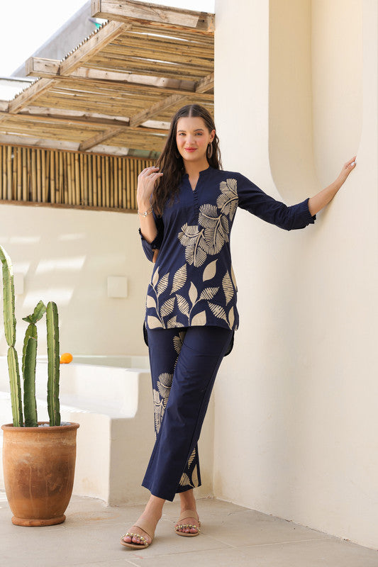 Midnight Blue Floral Line Pattern Cotton Co-ord set