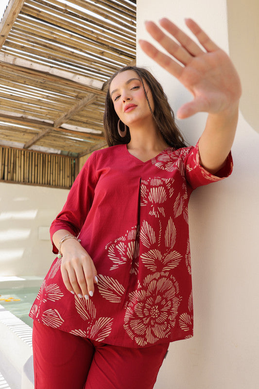 Ruby Red Floral Line Pattern Cotton Co-ord Set