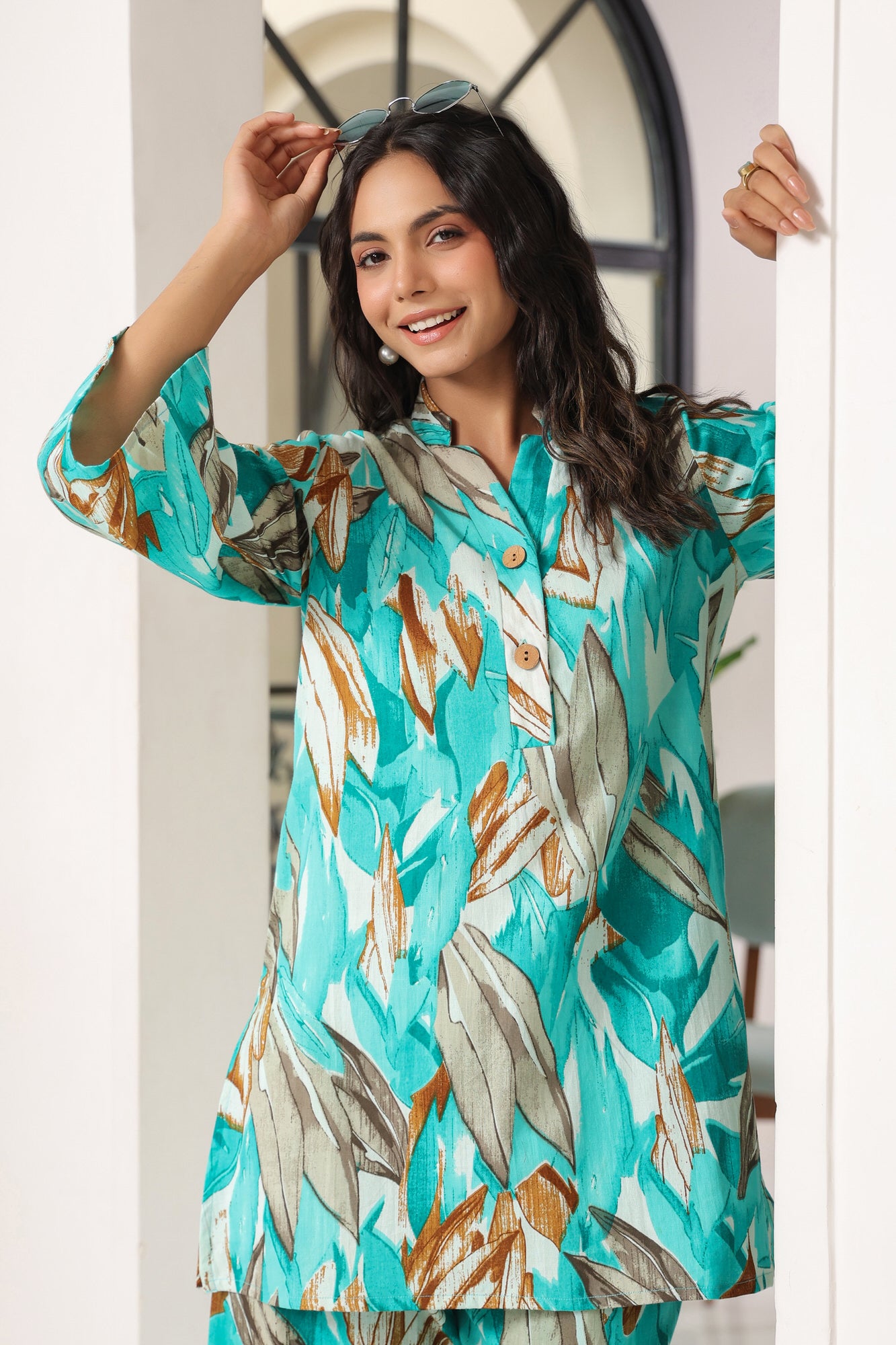 Aqua Leaves Blue Cotton Palazzo Loungewear Set