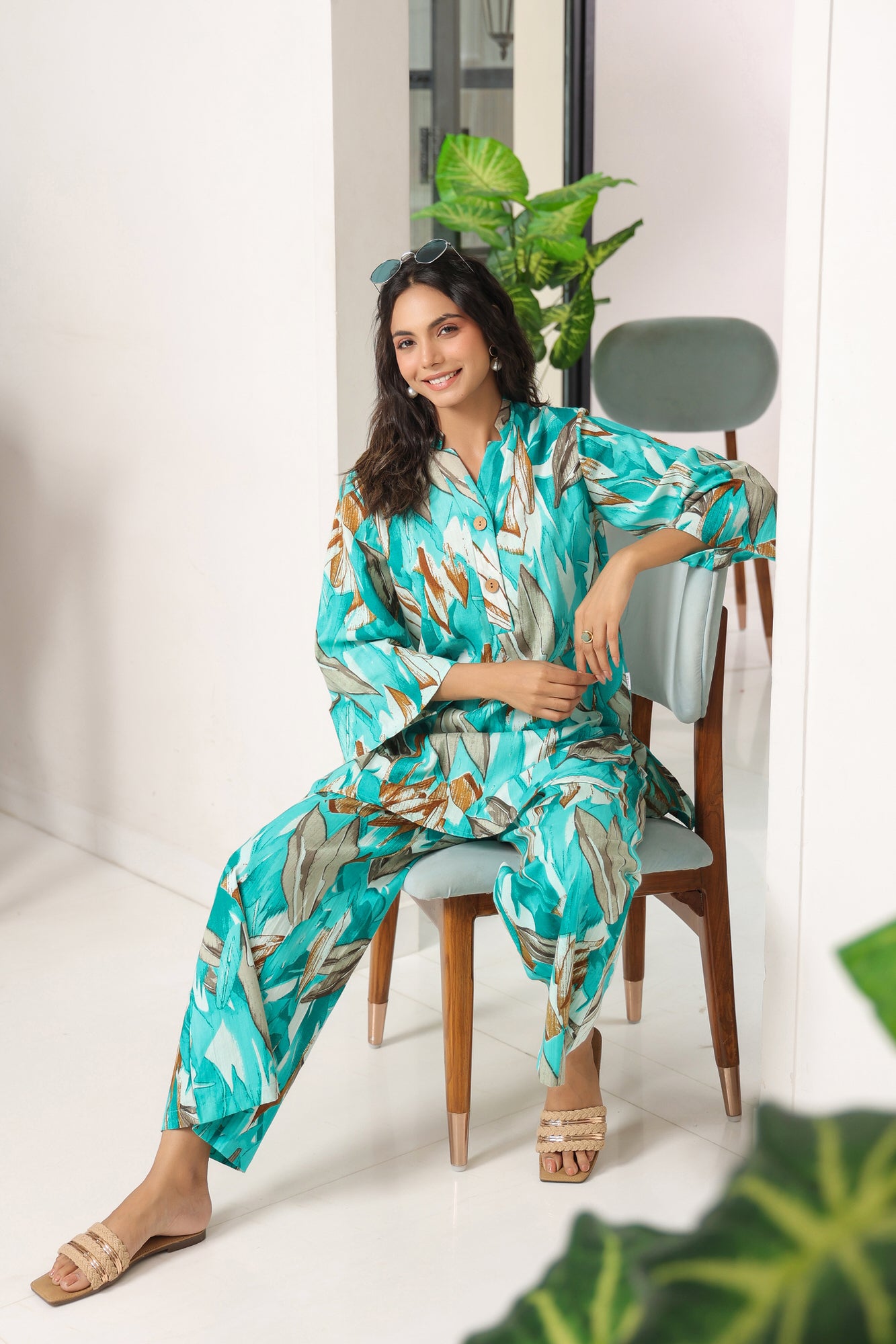 Aqua Leaves Blue Cotton Palazzo Loungewear Set