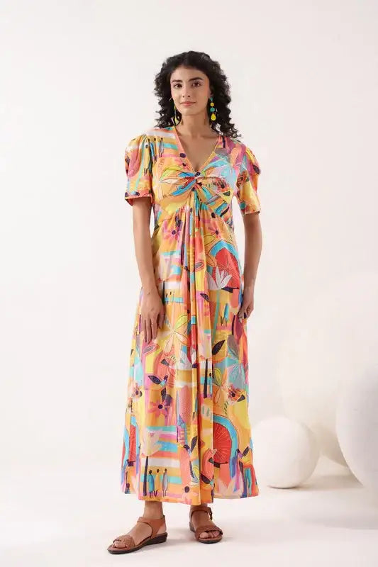 Radiant Bloom Cascade Multi Cotton Dress