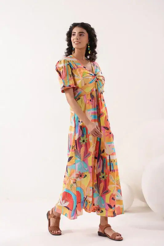 Radiant Bloom Cascade Multi Cotton Dress