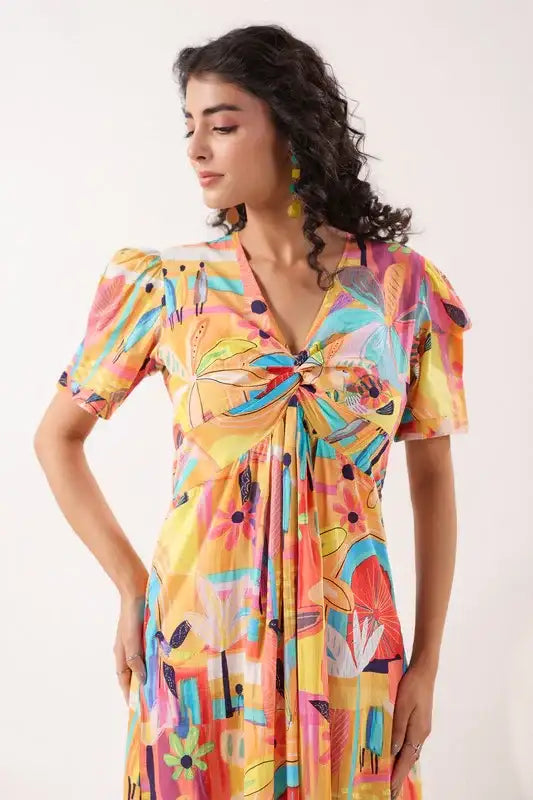 Radiant Bloom Cascade Multi Cotton Dress